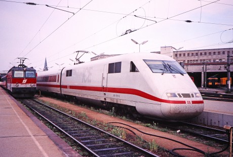 Austrian Federal Railways electric passenger locomotive no. 1044-265-5 and Deutsche Bahn ICE train at Vienna, Capital of Austria, Austria, on May 21, 2001. Photograph by Fred M. Springer, © 2014, Center for Railroad Photography and Art. Springer-Austria-17-28