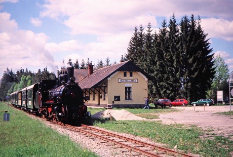 Waldviertler Narrow-Gauge Railway Club steam locomotive no. 399.04 leaves the Neu-Nagelberg train depot in Nagelberg, Brand-Nagelberg, Austria, on May 12, 2001. Photograph by Fred M. Springer, © 2014, Center for Railroad Photography and Art. Springer-Austria-03-22
