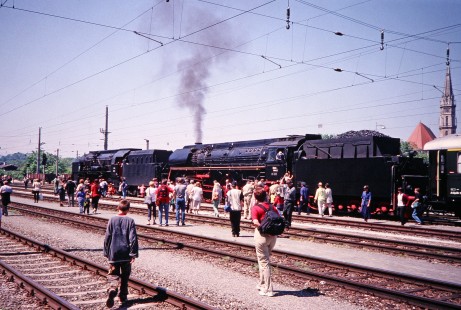 Two Austrian Society for Railway History (also known as Steyr Valley Railway) steam locomotives draw in a crowd in Steyr, Upper Austria, Austria, on May 24, 2001. Photograph by Fred M. Springer, © 2014, Center for Railroad Photography and Art. Springer-Austria-20-09
