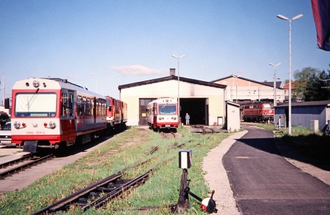 Two Waldviertler Narrow-Gauge Railway Club vehicles (nos. 5090-004-2 and 5090-005-9) on different tracks within a service facility in Gmünd, Austria, on May 12, 2001. Photograph by Fred M. Springer, © 2014, Center for Railroad Photography and Art. Springer-Austria-02-08