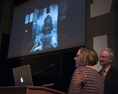 Leslie Gordon and James Wrinn present photographs taken by Leslie's father in "Placeholders for Old Memories: The Railroad Photography of William G. Gordon."  Center for Railroad Photography and Art. Photograph by Henry A. Koshollek