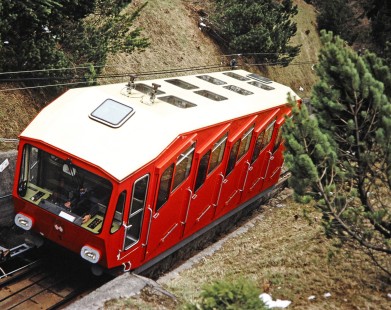 View of the Hungerburgbahn incline railway funicular elevator traversing a hill in Innsbruck, Tyrol, Austria,  on March 18, 1992. Photograph by Fred M. Springer, © 2014, Center for Railroad Photography and Art. Springer-ZimZam(2)-Swiss-15-19