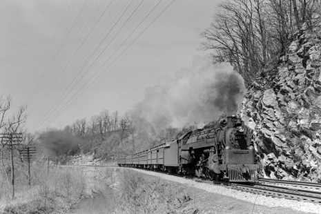 Reading Company 4-6-2 steam locomotive no. 211 leads eastbound "Queen of the Valley" east of Freemansburg, Pennsylvania, near where Sculac Road meets Wilson Avenue, circa 1950. Photograph by Donald W. Furler, © 2017, Center for Railroad Photography and Art, Furler-19-009-01