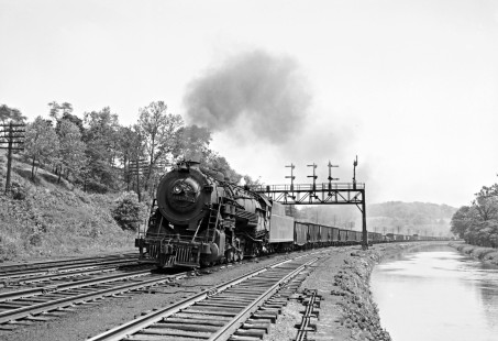 Reading Company 2-10-2 no. 3015 pulling a westbound freight train with 100 cars along the Lehigh Coal & Navigation Company canal at Allentown, Pennsylvania, on June 1, 1947. The train originated at Saucon Creek yards and is en route to Lebanon. Photograph by Donald W. Furler, © 2017, Center for Railroad Photography and Art, Furler-15-106-02