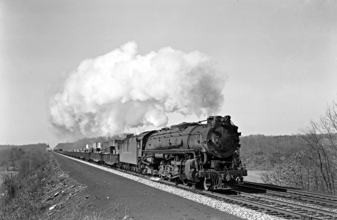 Delaware, Lackawanna and Western Railroad 4-8-4 steam locomotive no. 1607 leads freight train near Johnsonburg, New Jersey, on March 16, 1946. Photograph by Donald Furler. Furler-11-112-02.JPG; © 2017, Center for Railroad Photography and Art