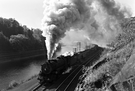 Erie Railroad 2-10-2 steam locomotive no. 4217 with an auxiliary tender leading a  westbound freight train at Tuxedo, New York, on October 22, 1944. Photograph by Donald W. Furler, © 2017, Center for Railroad Photography and Art, Furler-11-075-02
