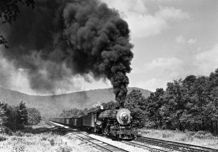 Western Maryland Railway steam locomotive no. 1120 hauls an eastbound coal train of 100 cars near the summit at Deal, Pennsylvania, circa 1952. Furler-22-089-02; © 2017, Center for Railroad Photography and Art