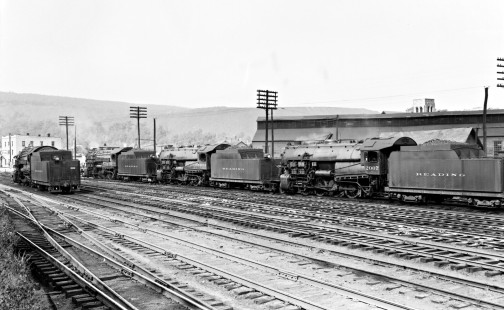 Reading Company 2-8-0 steam locomotives nos. 2002, 2019, 2013, and 2007 at Tamaqua, Pennsylvania, circa 1950. Photograph by Donald W. Furler, © 2017, Center for Railroad Photography and Art, Furler-19-060-02
