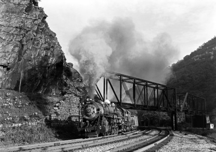 Westbound Baltimore and Ohio Railroad 2-10-2 steam locomotive no. 6109 leads a 32-car freight train through the "Narrows" of Cumberland, Maryland, on September 5, 1948. Photograph by Donald W. Furler. Furler-13-110-01; © 2017, Center for Railroad Photography and Art