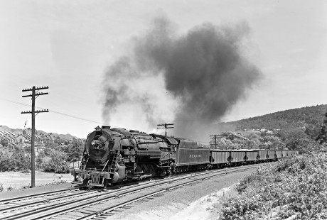 Reading Company 2-10-2 no. 3014 pulling a westbound freight train west of Gordon, Pennsylvania, on Locust Summit Grade with engine no. 1828 pushing, July 24, 1949. Photograph by Donald W. Furler,  © 2017, Center for Railroad Photography and Art, Furler-19-058-01
