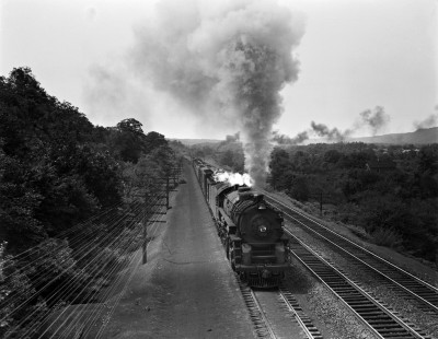 Erie Railroad 2-8-4 steam locomotive no. 3350 pulling eastbound freight train NE98 east of Port Jervis, New York, on August 25, 1940. Photograph by Donald W. Furler, © 2017, Center for Railroad Photography and Art, Furler-03-050-02