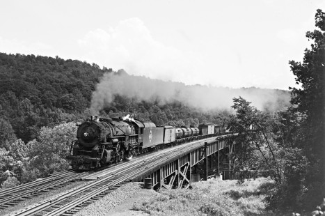Erie Railroad 2-8-4 no. 3323 leads a westbound freight train across the Woodbury Viaduct on Erie's Graham Line in Woodbury (Orange County), New York, circa 1950. Photograph by Donald W. Furler, Furler-20-106-01; © 2017, Center for Railroad Photography and Art