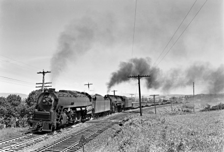 Reading Company T-1 4-8-4s no. 2126 and no. 2125 pulling a Philadelphia-bound freight train at Coopersburg, Pennsylvania on the Bethlehem Branch on May 30, 1949. Photograph by Donald W. Furler, © 2017, Center for Railroad Photography and Art,  Furler-19-050-01