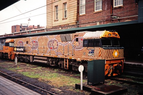 National Rail (NR) locomotive no. 52, at the head of the "Indian Pacific" passenger train  in Sydney, New South Wales, Australia, on April 16, 1998. At the time, Great Southern Rail (GSR) was contracting NR to haul its services. Photograph by Fred M. Springer, © 2014, Center for Railroad Photography and Art. Springer-Australia-18-30