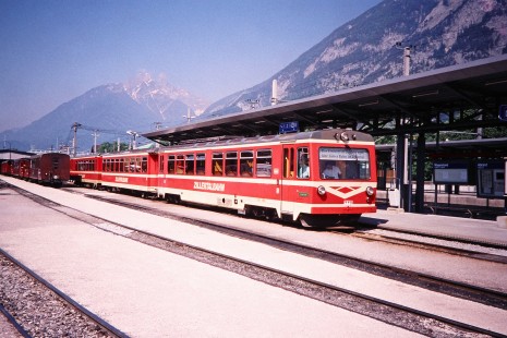 Zillertal Railway passenger train at the platform in Jenbach, Tyrol, Austria, on May 23, 2001. Photograph by Fred M. Springer, © 2014, Center for Railroad Photography and Art. Springer-Austria-18-10