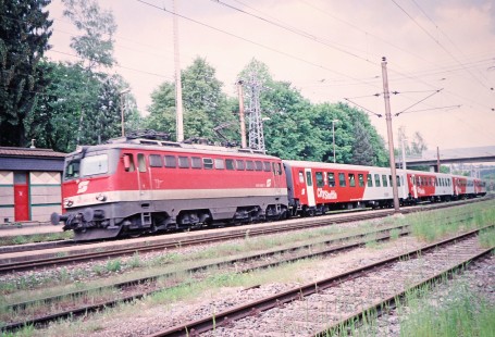 Austrian Federal Railways (ÖBB) electric locomotive with CityShuttle passenger cars in Vocklamarkt, Upper Austria, Austria, on May 25, 2001. Photograph by Fred M. Springer, © 2014, Center for Railroad Photography and Art. Springer-Austria-22-16