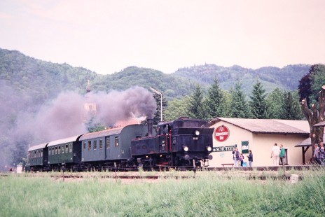 Association of Railway Friends (Verband der Eisenbahnfreunde) steam locomotive no. 91.107 and three passenger cars arrive at a depot in Lilienfeld, Lower Austria, Austria, on May 19, 2001. Photograph by Fred M. Springer, © 2014, Center for Railroad Photography and Art. Springer-Austria-14-11