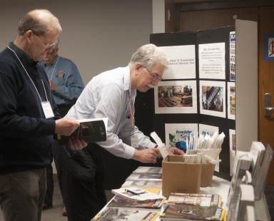 Dave Saums and Ron Goldfeder at Railway and Locomotive Historical Society display on Sunday morning. Center for Railroad Photography & Art. Photograph by Henry A. Koshollek.