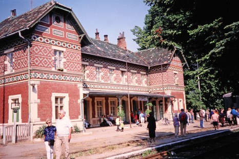 People flock around the beautiful Lednice station in Lednice, South Moravian, Czech Republic, on May 20, 2001. Photograph by Fred M. Springer, © 2014, Center for Railroad Photography and Art. Springer-Austria-16-18