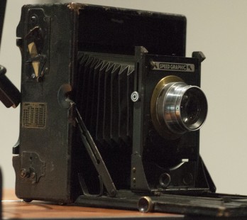5x7 inch Speed Graphic Camera used by Donald Furler during his early career. Alan Furler displayed this camera during his presentation, "Quiet Monsters Coming to Life" . Center for Railroad Photography & Art. Photograph by Otto Vondrak.