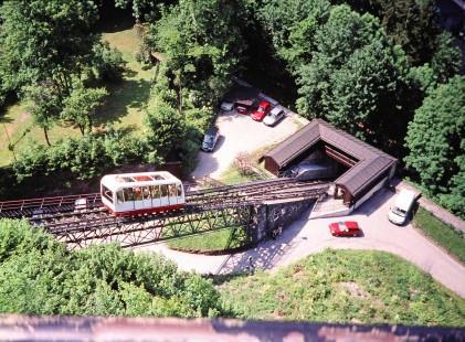 The Festungsbahn or the Salzburg funicular incline railway elevator moves down to the base platform in Salzburg, Salzburg, Austria, on May 26, 2001. Photograph by Fred M. Springer, © 2014, Center for Railroad Photography and Art. Springer-Austria-23-01