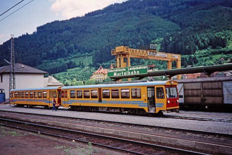 A Steiermarkische Landesbahnen train at the Murtal Railway (Murtalbahn) yard stop in Unzmarkt, Lower Austria, Austria, on June 2, 1993. Photograph by Fred M. Springer, © 2014, Center for Railroad Photography and Art. Springer-Austria-19-29