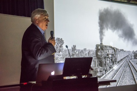Alan Furler presents some of the steam photography taken by his father, Donald Furler in a presentation called "Quiet Monsters Coming to Life." Center for Railroad Photography & Art. Photograph by Steve Barry.