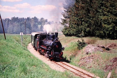 Waldviertler Narrow-Gauge Railway Club steam locomotive no. 399.04 takes on a curved track near Nagelberg, Brand-Nagelberg, Austria, on May 12, 2001. Photograph by Fred M. Springer, © 2014, Center for Railroad Photography and Art. Springer-Austria-03-11