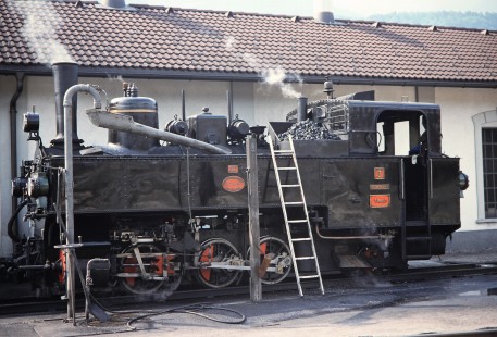A profile look at Zillertal Railway “Tirol” steam locomotive no. 3-4790 as it is checked over by yard crewmen in Amstetten, Lower Austria, Austria, on June 2, 1993. Photograph by Fred M. Springer, © 2014, Center for Railroad Photography and Art. Springer-Austria-19-03