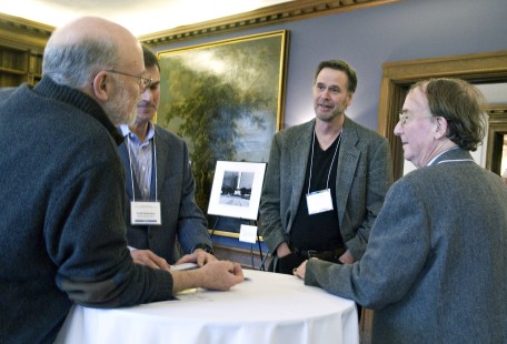 Drake Hokanson, Todd Halamka, Jeff Brouws, and Peter Mosse  in discussion at Friday night reception. Center for Railroad Photography & Art. Photograph by Henry A. Koshollek.