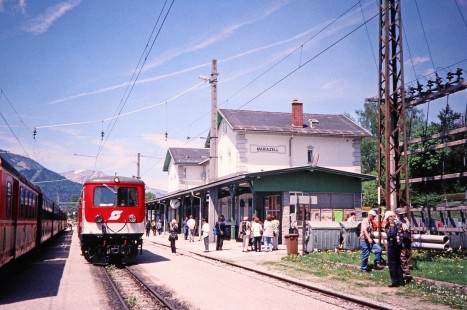 Two Mariazell Railway electric passenger trains pull into the Mariazell station in Mariazell, Lower Austria, Austria, on May 17, 2001. Photograph by Fred M. Springer, © 2014, Center for Railroad Photography and Art. Springer-Austria-11-15