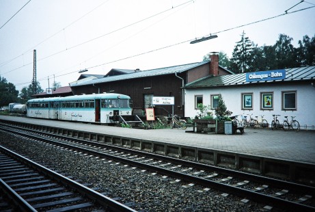 A Chiemgau Railway (now run by RegionalBahn) diesel locomotive looks as if it is a part of the Aschau station platform in Chiemgau, Bavaria, Austria, on June 4, 1993. Photograph by Fred M. Springer, © 2014, Center for Railroad Photography and Art. Springer-Austria-21-23