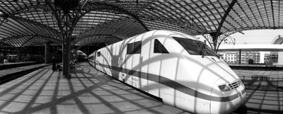 High speed train in shed with interesting shadows, photo by Jennifer Ryan